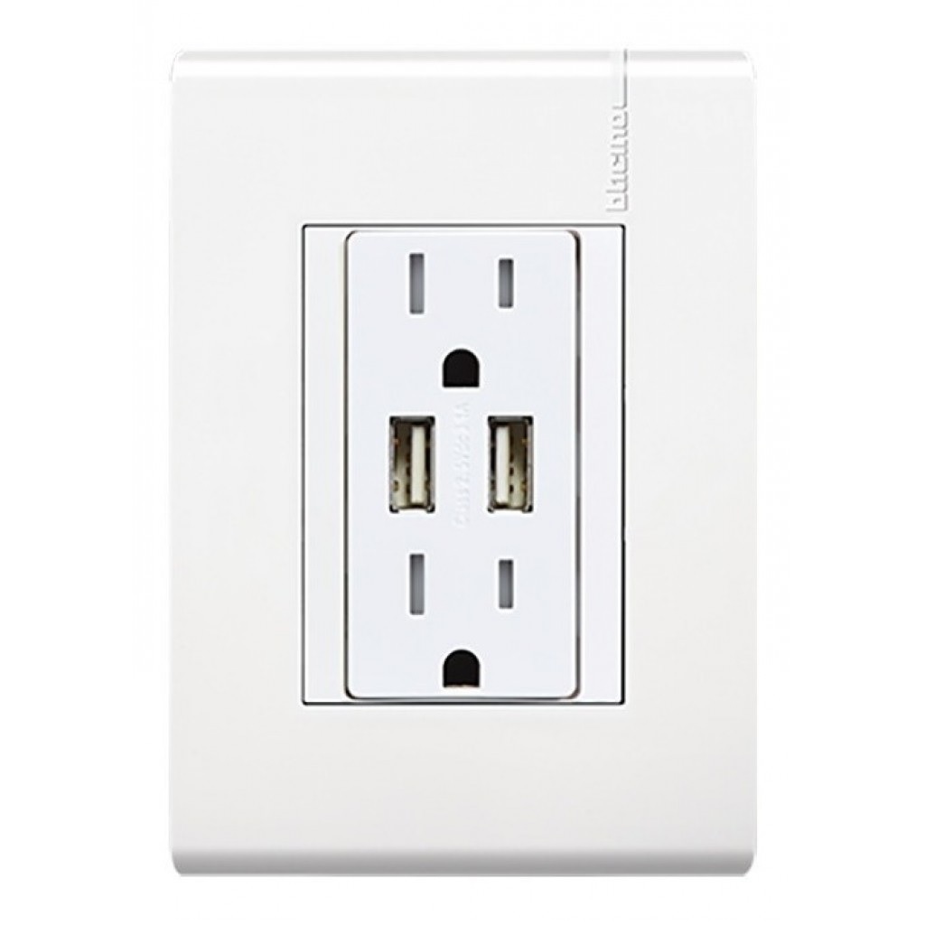CONTACTO DUPLEX 2P+T 15A-127-250V BLANCO C/2 USB C/PLACA
